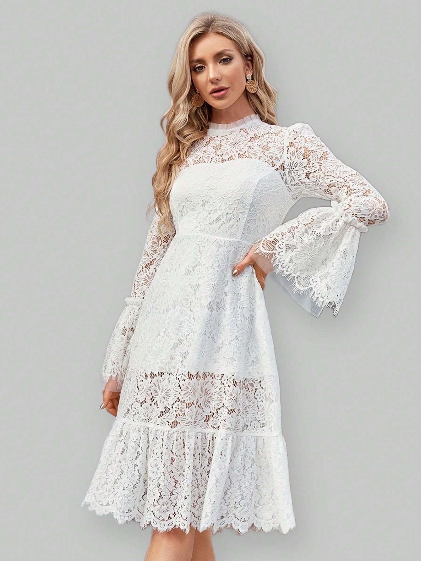 Formal Party Dress With Lace & Mesh Patchwork And Flared Sleeves