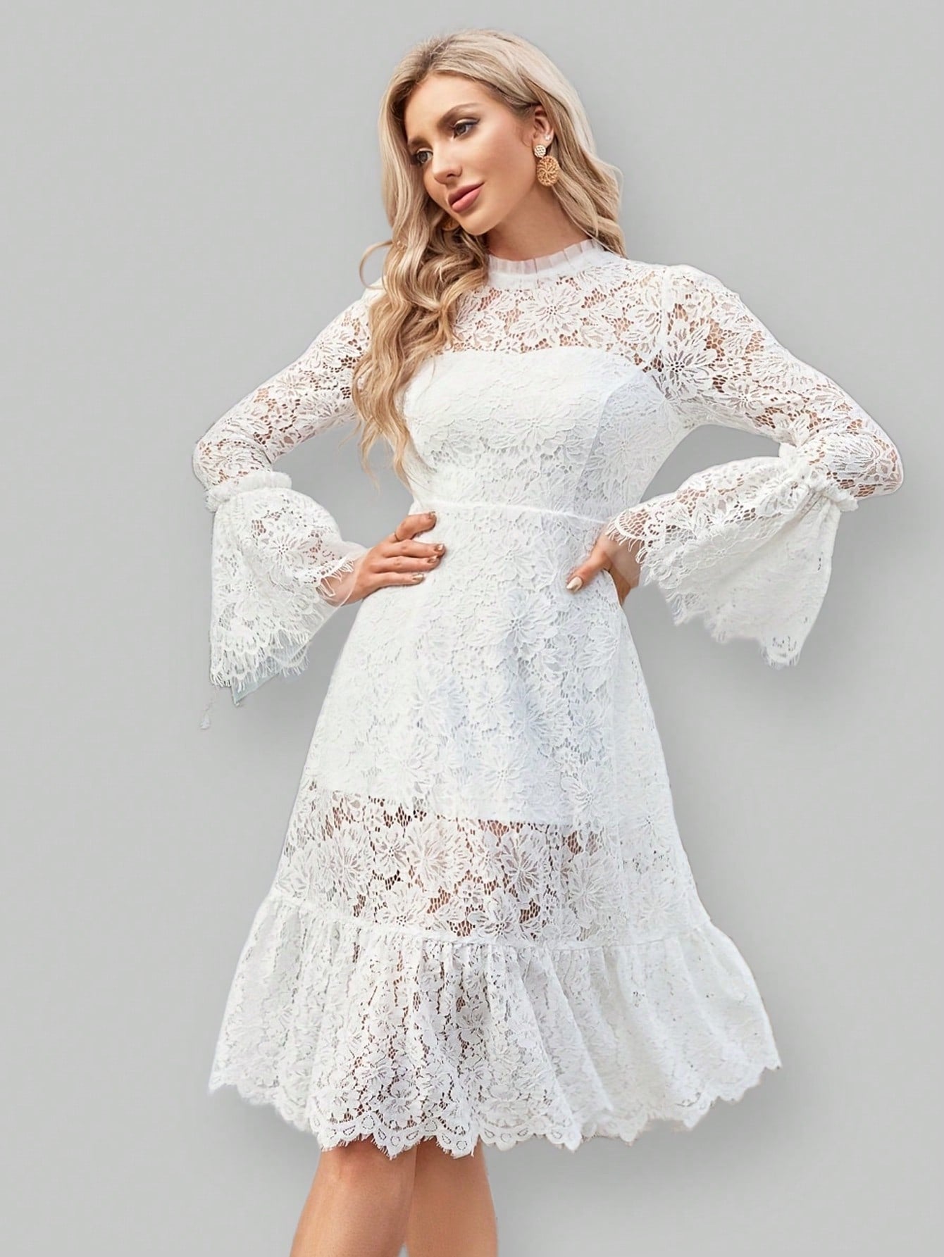 Formal Party Dress With Lace & Mesh Patchwork And Flared Sleeves